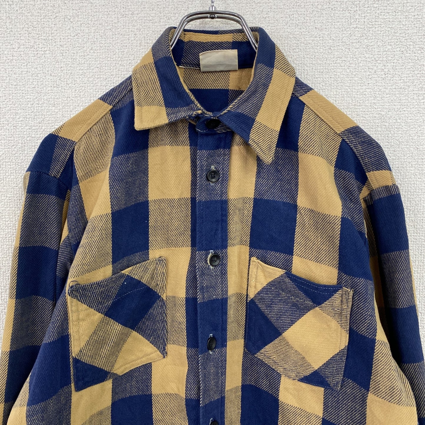 ～80s　Fieldmaster　Sears　長袖シャツ　ネルシャツ　チェック柄　ブルー　イエロー　Mサイズ