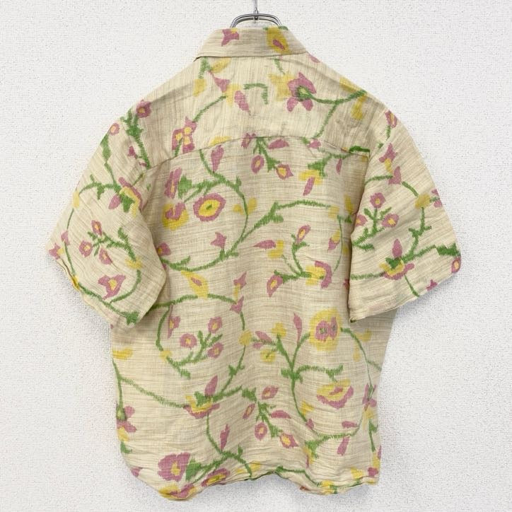 古着 used　半袖プリント総柄シャツ　レトロデザイン　葉っぱ　草　リーフ　胸ポケット　植物　ベージュ　XLサイズ