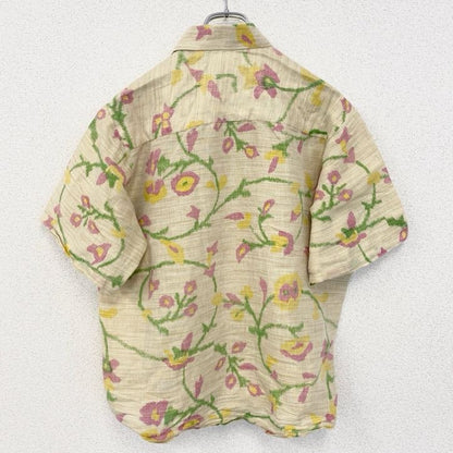 古着 used　半袖プリント総柄シャツ　レトロデザイン　葉っぱ　草　リーフ　胸ポケット　植物　ベージュ　XLサイズ