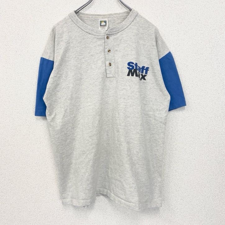 古着 used　COTTON DELUXE　半袖バックプリントTシャツ　バイカラー　青　グレー　シングルステッチ　90s　Lサイズ