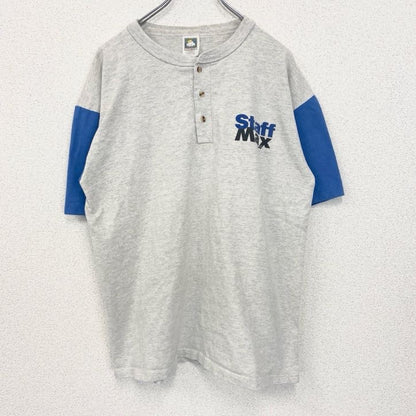 古着 used　COTTON DELUXE　半袖バックプリントTシャツ　バイカラー　青　グレー　シングルステッチ　90s　Lサイズ