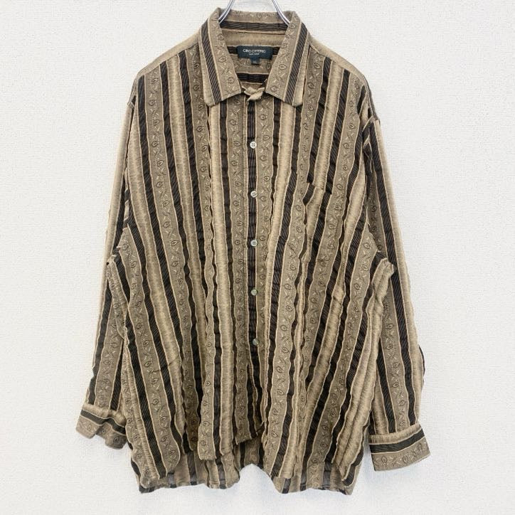 古着 used　長袖プリント総柄シャツ　レトロデザイン　ストライプ柄　個性的　リーフ　金　ゴールド　XLサイズ