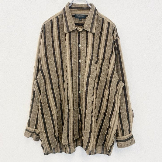 古着 used　長袖プリント総柄シャツ　レトロデザイン　ストライプ柄　個性的　リーフ　金　ゴールド　XLサイズ