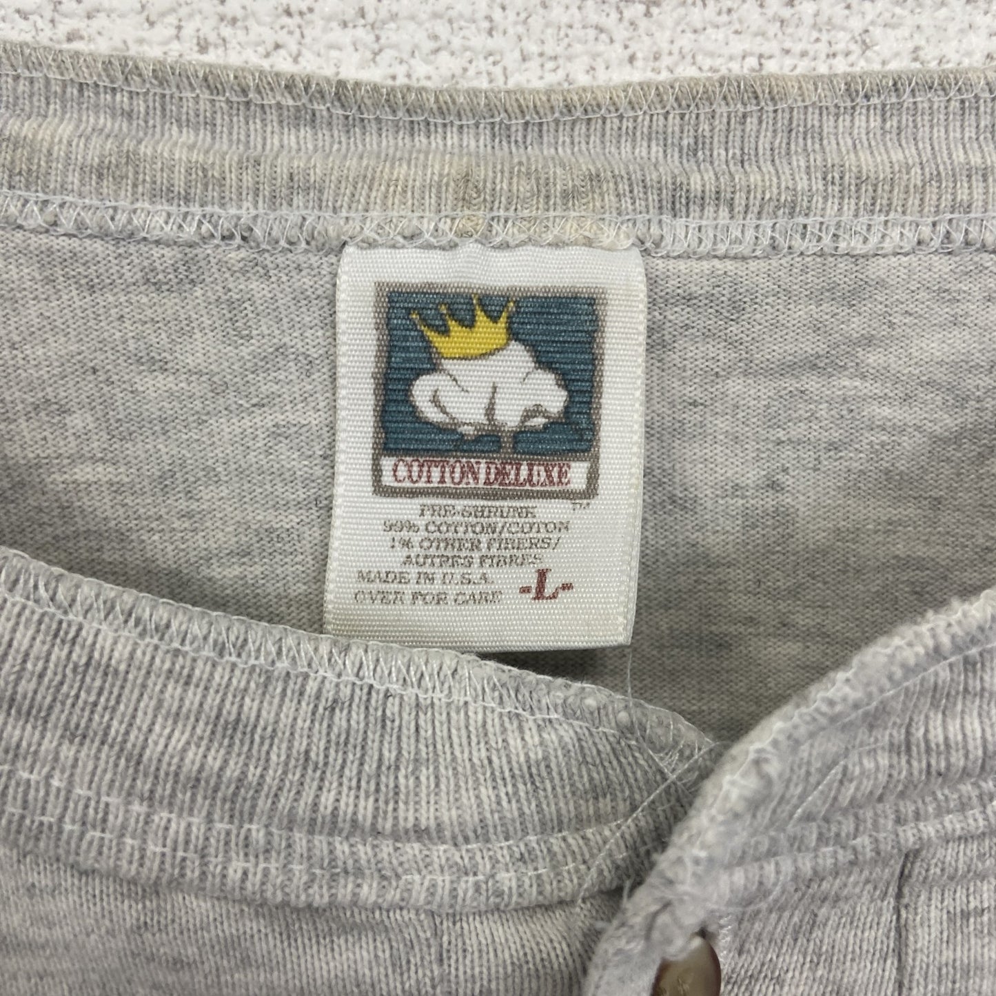 古着 used　COTTON DELUXE　半袖バックプリントTシャツ　バイカラー　青　グレー　シングルステッチ　90s　Lサイズ