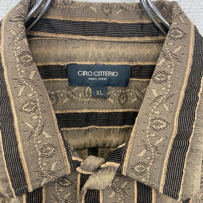 古着 used　長袖プリント総柄シャツ　レトロデザイン　ストライプ柄　個性的　リーフ　金　ゴールド　XLサイズ