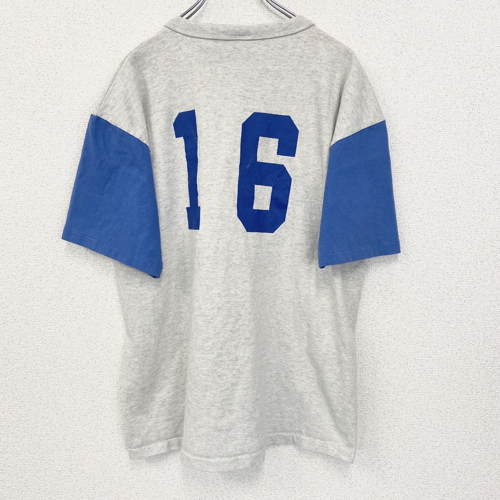 古着 used　COTTON DELUXE　半袖バックプリントTシャツ　バイカラー　青　グレー　シングルステッチ　90s　Lサイズ