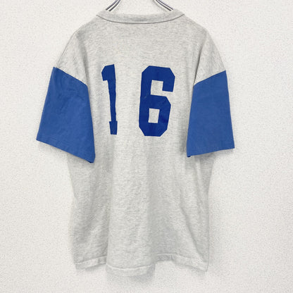 古着 used　COTTON DELUXE　半袖バックプリントTシャツ　バイカラー　青　グレー　シングルステッチ　90s　Lサイズ