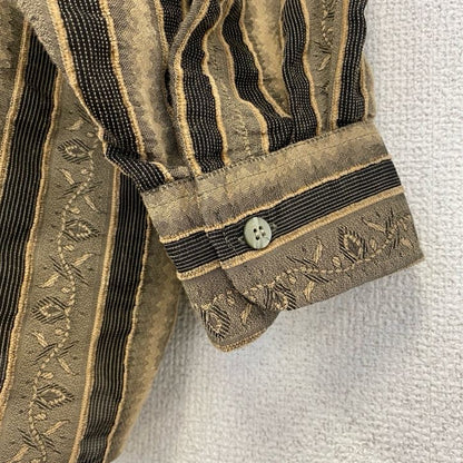古着 used　長袖プリント総柄シャツ　レトロデザイン　ストライプ柄　個性的　リーフ　金　ゴールド　XLサイズ