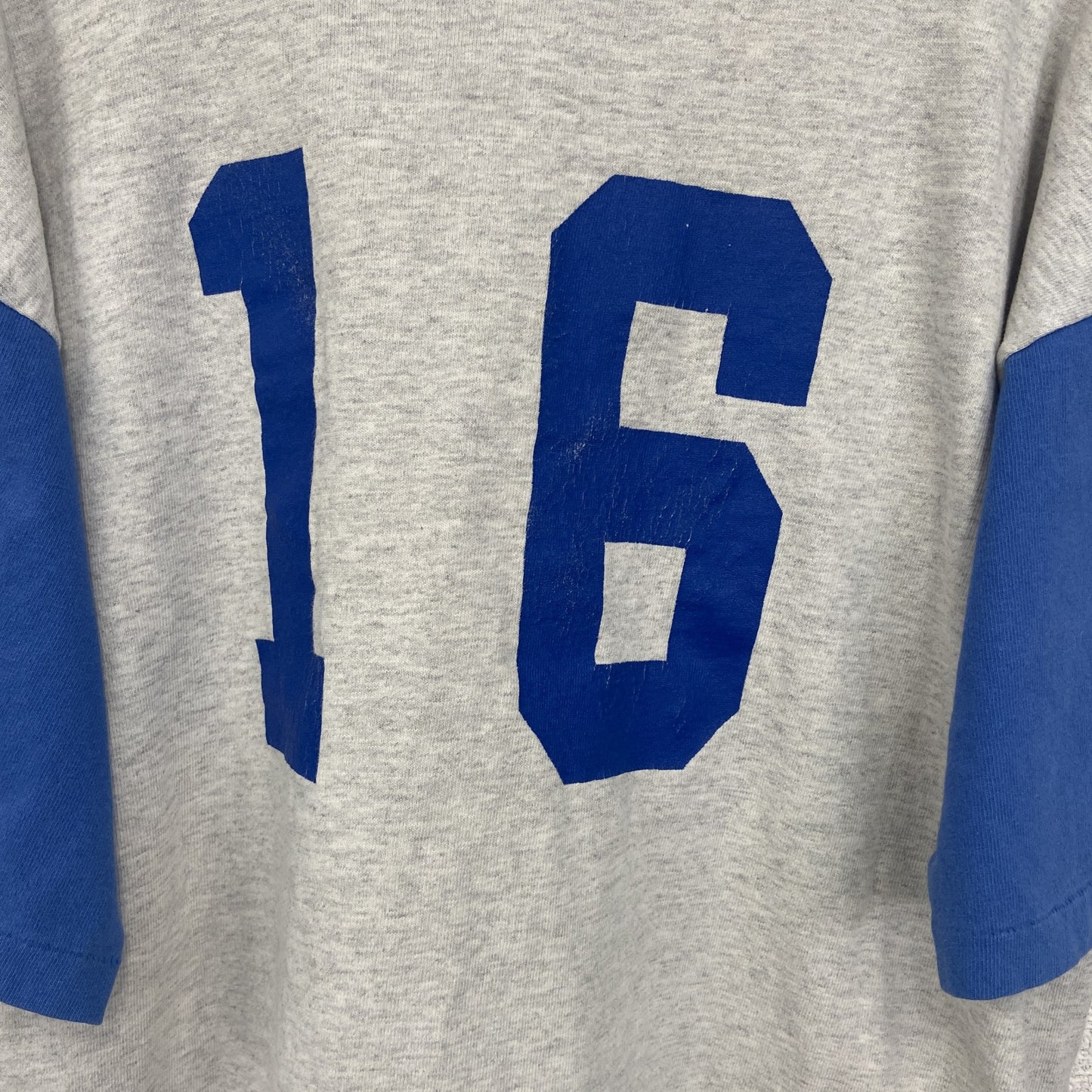 古着 used　COTTON DELUXE　半袖バックプリントTシャツ　バイカラー　青　グレー　シングルステッチ　90s　Lサイズ