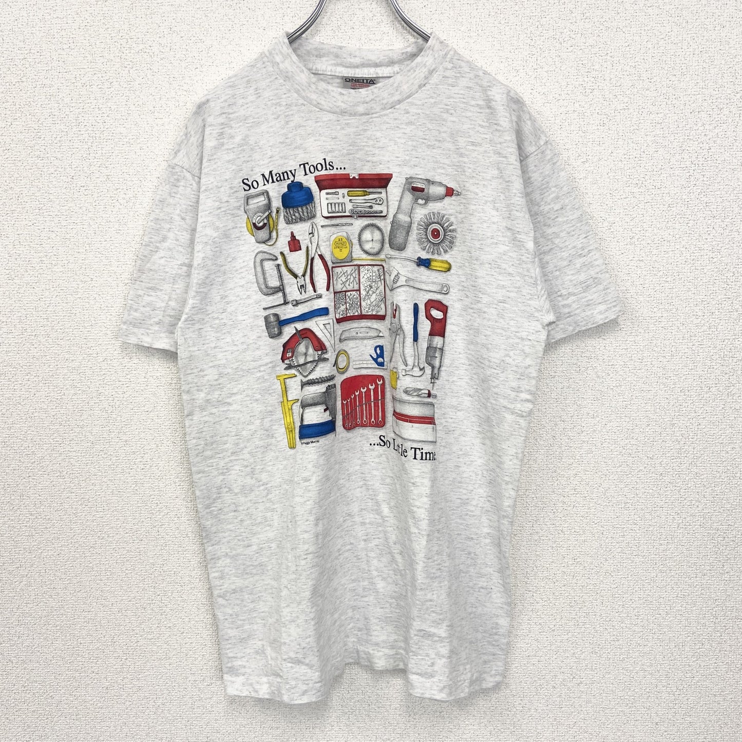 古着 used　ONEITA　半袖プリントTシャツ　シングルステッチ　90s　クルーネック　カジュアルデザイン　白　Lサイズ