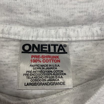 古着 used　ONEITA　半袖プリントTシャツ　シングルステッチ　90s　クルーネック　カジュアルデザイン　白　Lサイズ