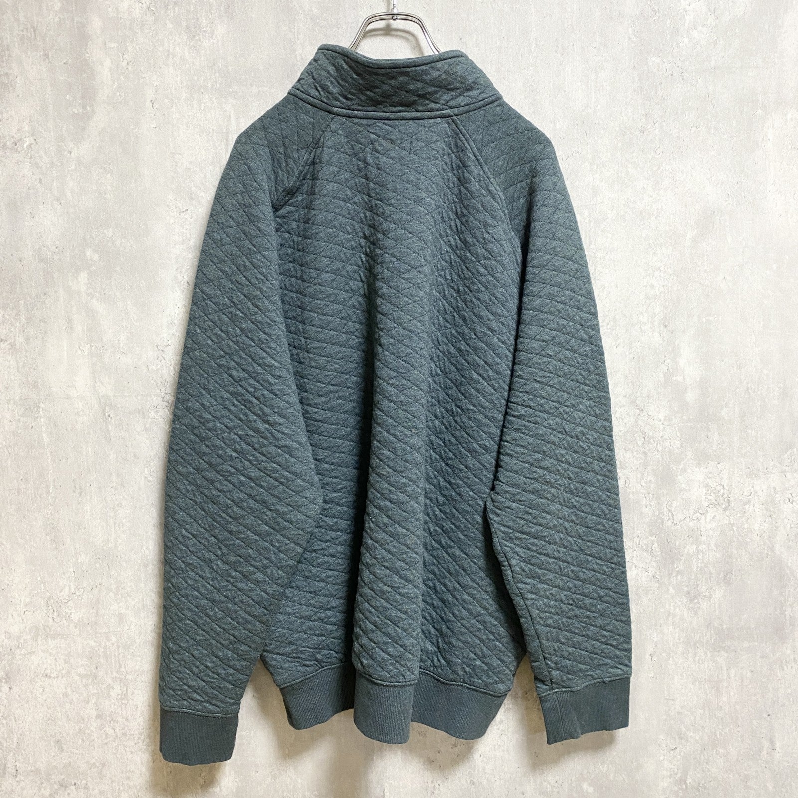 古着 used　Goodiellow＆co 長袖キルティングスウェット　トレーナー　青緑色　ハーフボタン　レトロ　XLサイズ