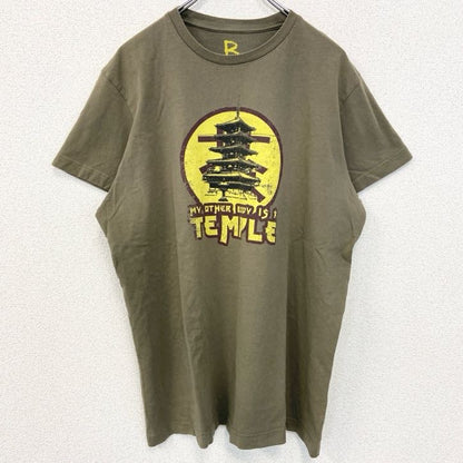 古着 used　半袖プリントTシャツ　TEMPLE　寺　和風　クルーネック　レトロデザイン　カーキ　オリーブカラー　Lサイズ