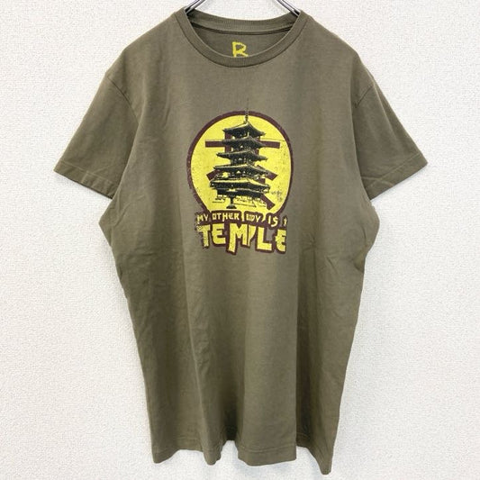 古着 used　半袖プリントTシャツ　TEMPLE　寺　和風　クルーネック　レトロデザイン　カーキ　オリーブカラー　Lサイズ