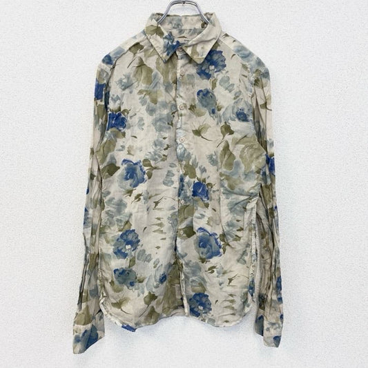 古着 used　長袖プリント総柄シャツ　イタリア製　花柄　フラワー　シアー素材　レトロデザイン　ベージュ　Lサイズ