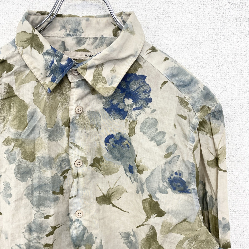 古着 used　長袖プリント総柄シャツ　イタリア製　花柄　フラワー　シアー素材　レトロデザイン　ベージュ　Lサイズ