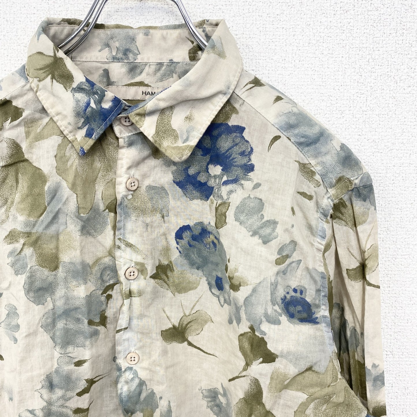 古着 used　長袖プリント総柄シャツ　イタリア製　花柄　フラワー　シアー素材　レトロデザイン　ベージュ　Lサイズ