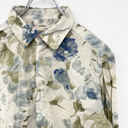 古着 used　長袖プリント総柄シャツ　イタリア製　花柄　フラワー　シアー素材　レトロデザイン　ベージュ　Lサイズ