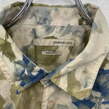 古着 used　長袖プリント総柄シャツ　イタリア製　花柄　フラワー　シアー素材　レトロデザイン　ベージュ　Lサイズ
