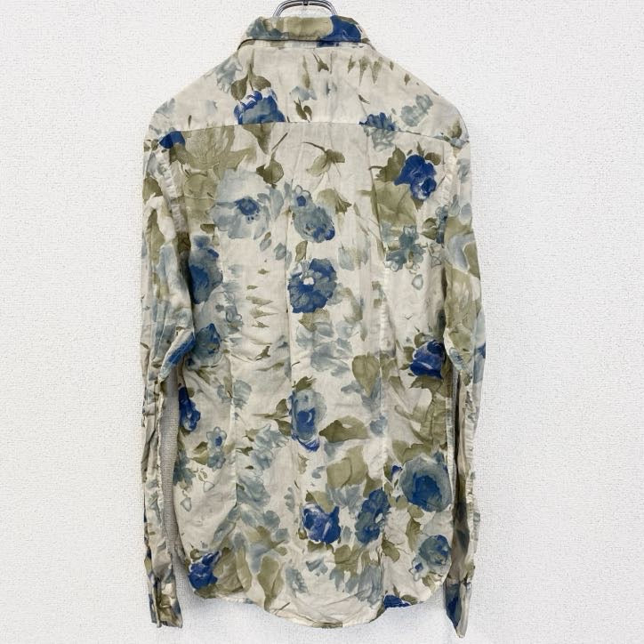 古着 used　長袖プリント総柄シャツ　イタリア製　花柄　フラワー　シアー素材　レトロデザイン　ベージュ　Lサイズ