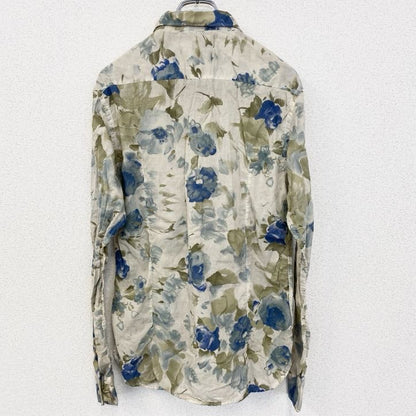 古着 used　長袖プリント総柄シャツ　イタリア製　花柄　フラワー　シアー素材　レトロデザイン　ベージュ　Lサイズ