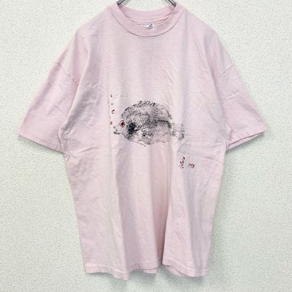 古着 used　90s　Hanes ヘインズ　半袖魚プリントTシャツ　漢字　シングルステッチ　ヴィンテージ　ピンク　Lサイズ