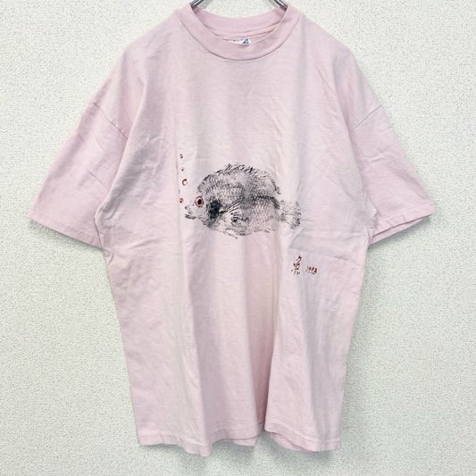 古着 used　90s　Hanes ヘインズ　半袖魚プリントTシャツ　漢字　シングルステッチ　ヴィンテージ　ピンク　Lサイズ