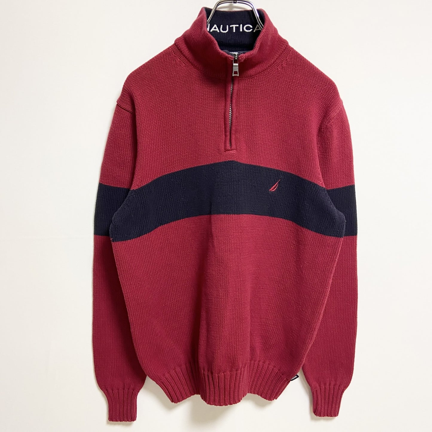 古着 used　NAUTICA　ノーティカ　長袖ハーフジップニット　セーター　ワンポイント刺　赤　レッド　秋冬服　Mサイズ