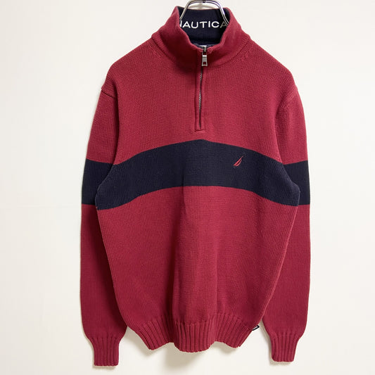 古着 used　NAUTICA　ノーティカ　長袖ハーフジップニット　セーター　ワンポイント刺　赤　レッド　秋冬服　Mサイズ