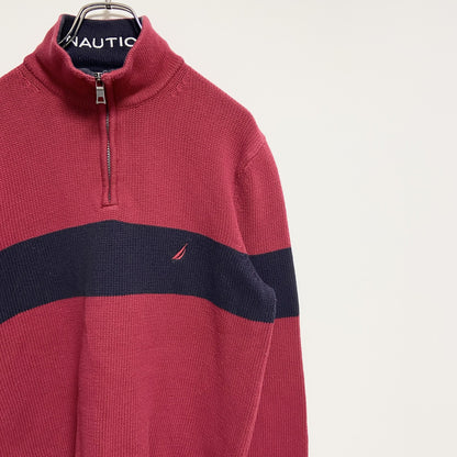 古着 used　NAUTICA　ノーティカ　長袖ハーフジップニット　セーター　ワンポイント刺　赤　レッド　秋冬服　Mサイズ