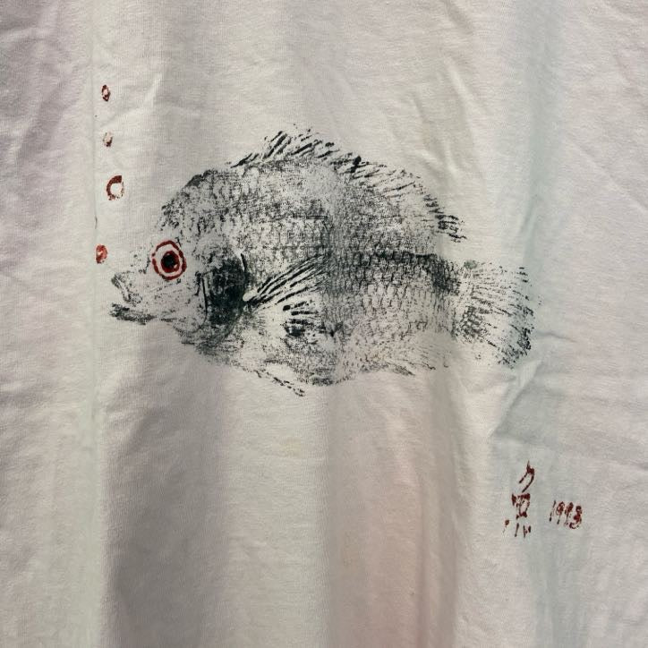古着 used　90s　Hanes ヘインズ　半袖魚プリントTシャツ　漢字　シングルステッチ　ヴィンテージ　ピンク　Lサイズ