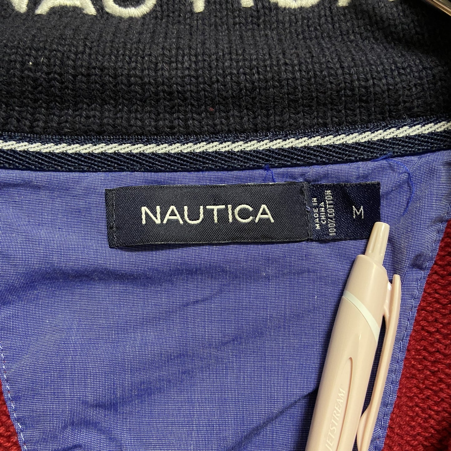 古着 used　NAUTICA　ノーティカ　長袖ハーフジップニット　セーター　ワンポイント刺　赤　レッド　秋冬服　Mサイズ