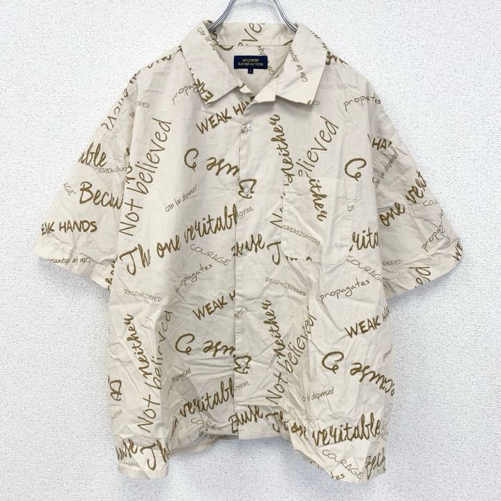古着 used　SPLENDID　スプリンテッド　半袖プリント総柄シャツ　レトロデザイン　英字　開襟　クリーム　Lサイズ