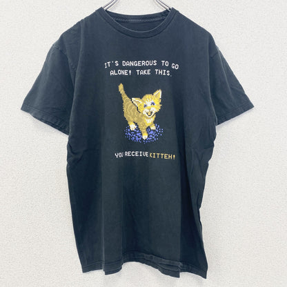 古着 used　半袖アニマルプリントTシャツ　黒　ブラック　猫　ピクセルアート　ドット絵　クルーネック　レトロデザイン