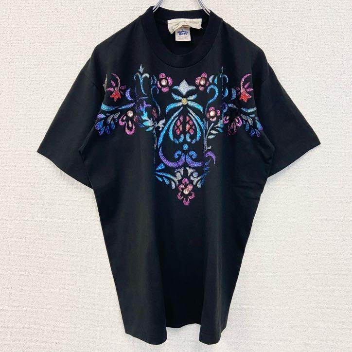 古着 used　90s　半袖プリントTシャツ　ヴィンテージ　シングルステッチ　クルーネック　黒　ブラック　XLサイズ