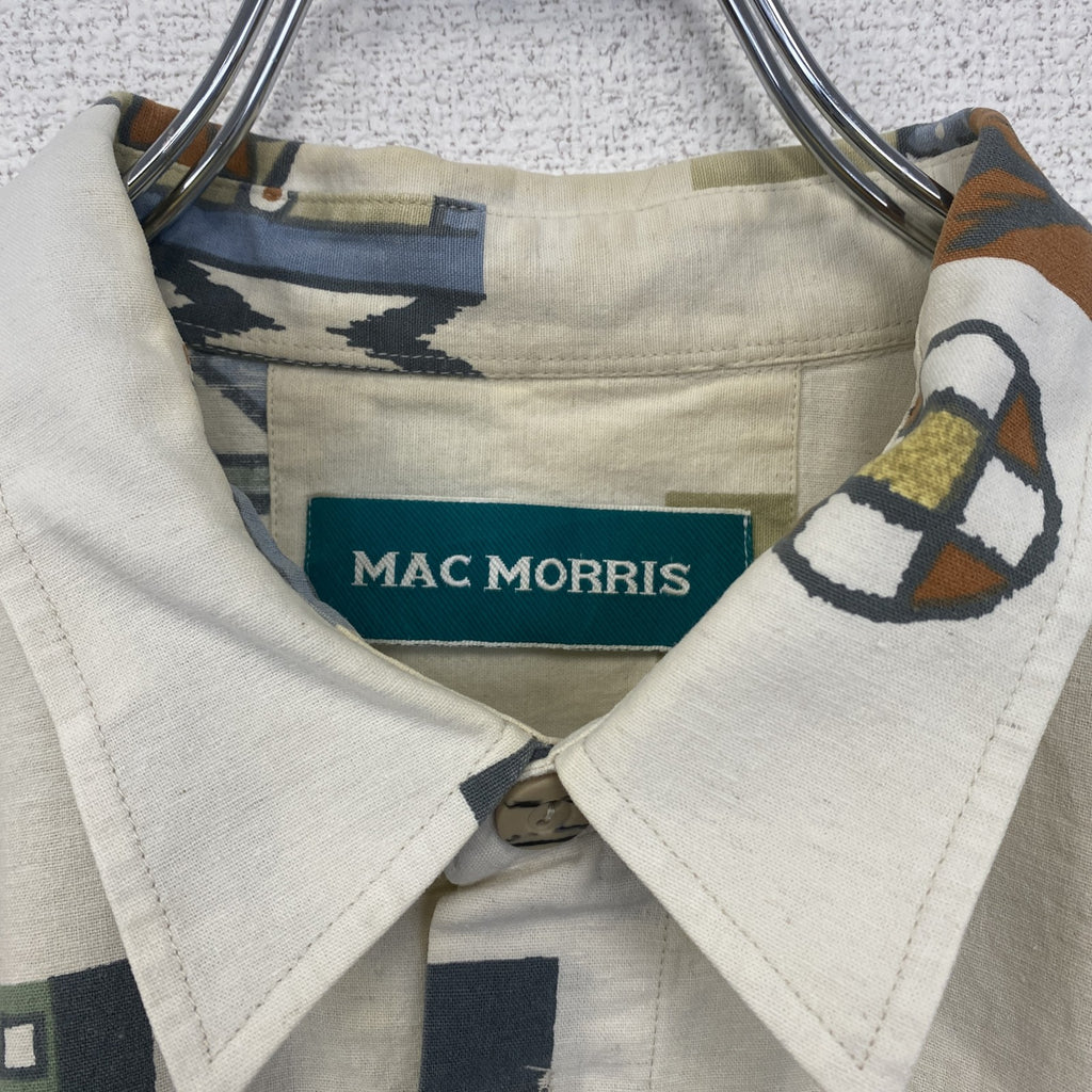 古着 used　半袖プリント総柄シャツ　レトロデザイン　胸ポケット　幾何学模様　個性的　白　ホワイト　2XLサイズ