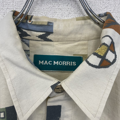 古着 used　半袖プリント総柄シャツ　レトロデザイン　胸ポケット　幾何学模様　個性的　白　ホワイト　2XLサイズ