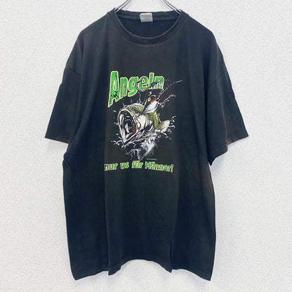 古着 used　半袖プリントTシャツ　黒　ブラック　魚　釣り　ブラックバス　クルーネック　レトロデザイン　XLサイズ