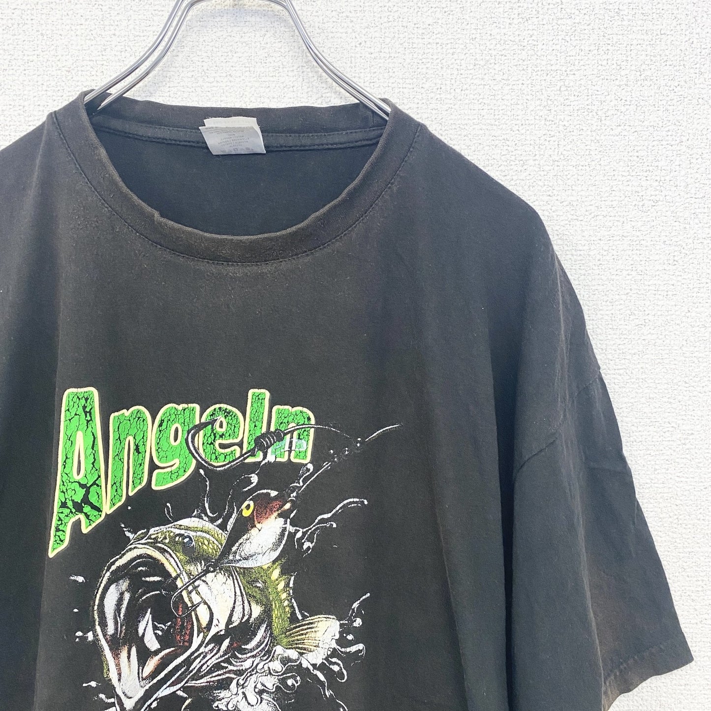 古着 used　半袖プリントTシャツ　黒　ブラック　魚　釣り　ブラックバス　クルーネック　レトロデザイン　XLサイズ