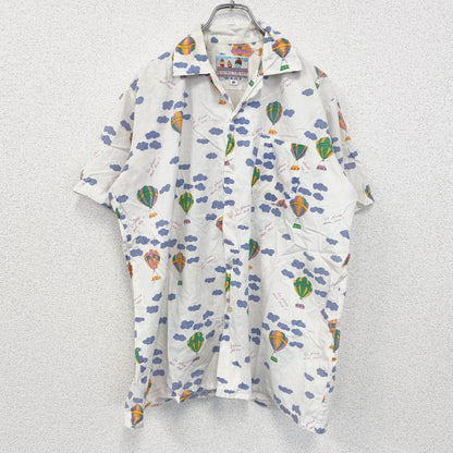 古着 used　半袖プリント総柄シャツ　開襟　レトロデザイン　個性的　アロハ　気球柄　バルーン　白　ホワイト
