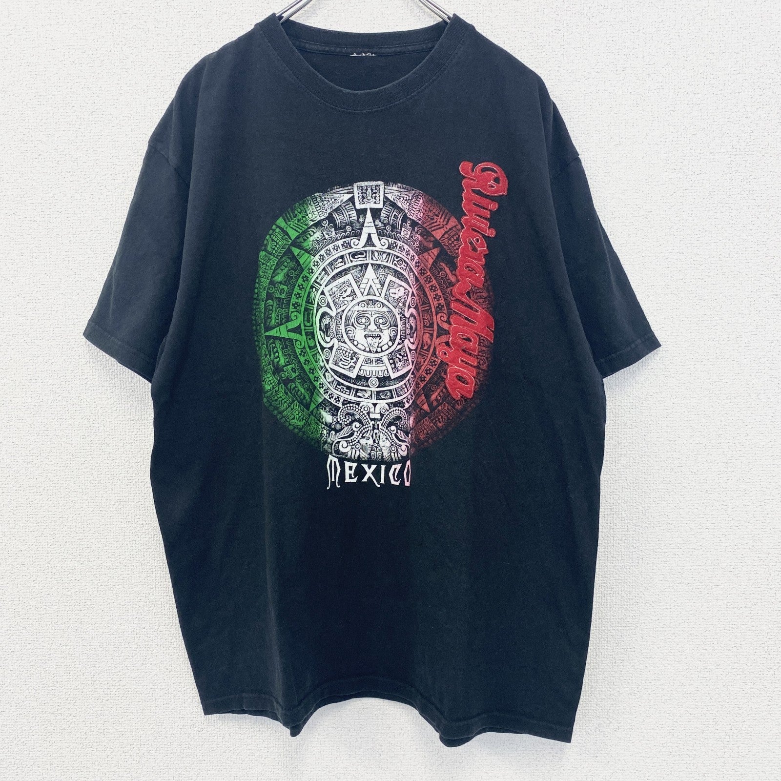 古着 used　半袖プリントTシャツ　黒　ブラック　メキシコ　アステカ文明　お土産　クルーネック　レトロデザイン