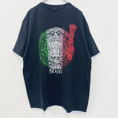 古着 used　半袖プリントTシャツ　黒　ブラック　メキシコ　アステカ文明　お土産　クルーネック　レトロデザイン