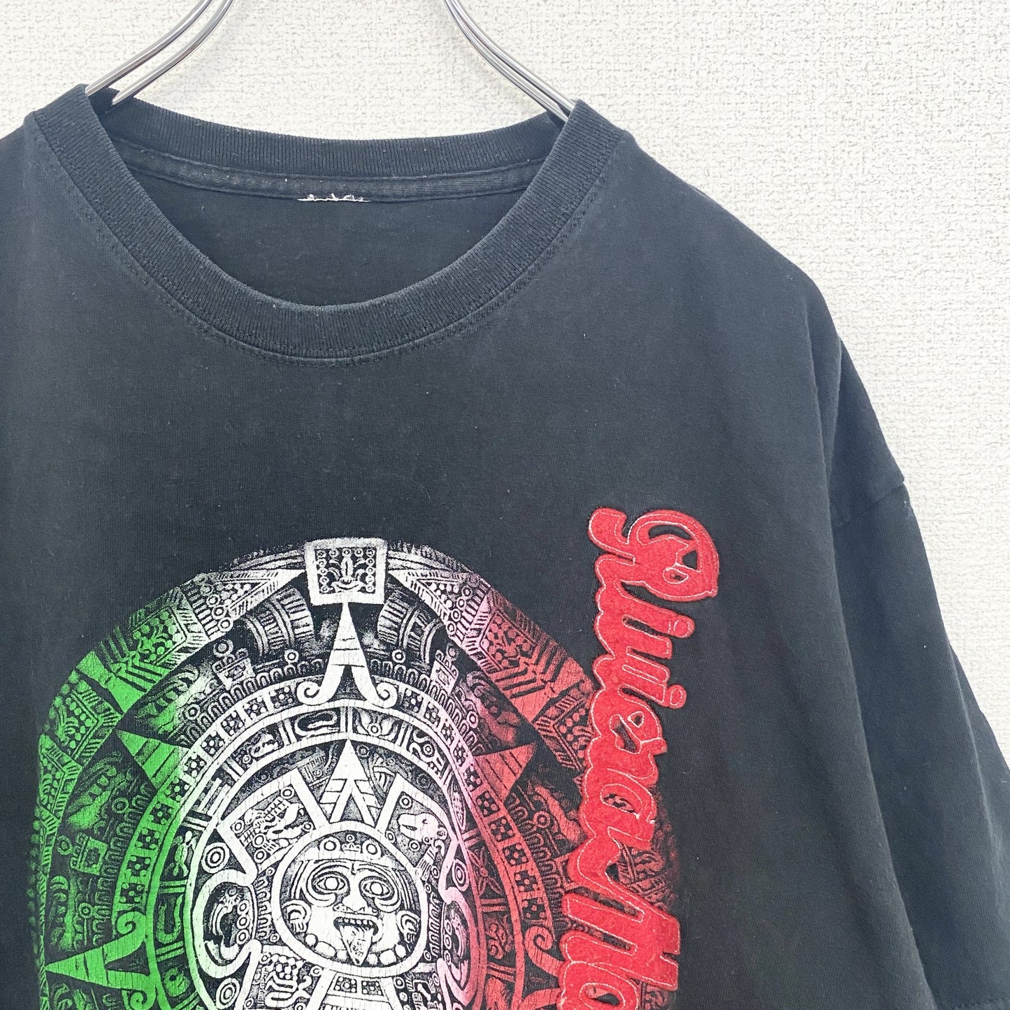 古着 used　半袖プリントTシャツ　黒　ブラック　メキシコ　アステカ文明　お土産　クルーネック　レトロデザイン