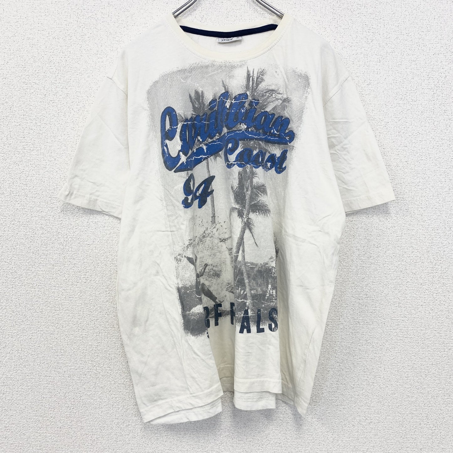 古着 used　半袖プリントTシャツ　白　ホワイト　カリビアンコースト　サーフィン　海岸　レトロデザイン　XLサイズ