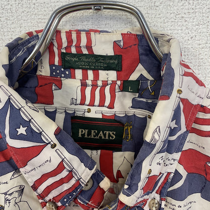 古着 used　半袖プリント総柄シャツ　レトロデザイン　胸ポケット　国旗柄　派手　カラフル　白　ホワイト　Lサイズ