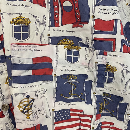 古着 used　半袖プリント総柄シャツ　レトロデザイン　胸ポケット　国旗柄　派手　カラフル　白　ホワイト　Lサイズ