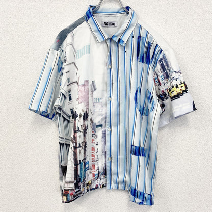 古着 used　半袖プリント総柄シャツ　ストライプ　レトロデザイン　車　街並み　フルグラフィック　派手　青　ブルー　