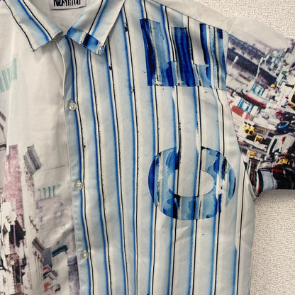 古着 used　半袖プリント総柄シャツ　ストライプ　レトロデザイン　車　街並み　フルグラフィック　派手　青　ブルー　