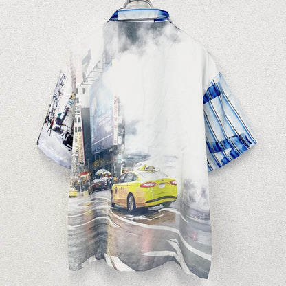 古着 used　半袖プリント総柄シャツ　ストライプ　レトロデザイン　車　街並み　フルグラフィック　派手　青　ブルー　