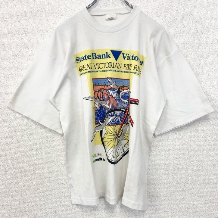古着 used　90s　半袖プリントTシャツ　クルーネック　ヴィンテージ　シングルステッチ　白　ホワイト　自転車　XLサイズ